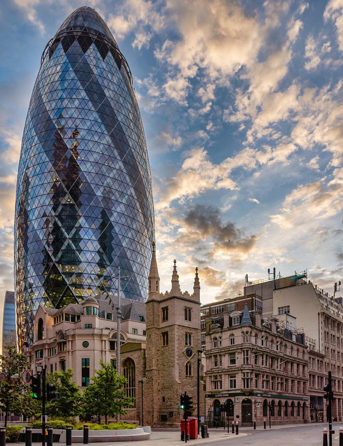 The Gherkin, a stunning tower, one of the latest additions in London's skyline.