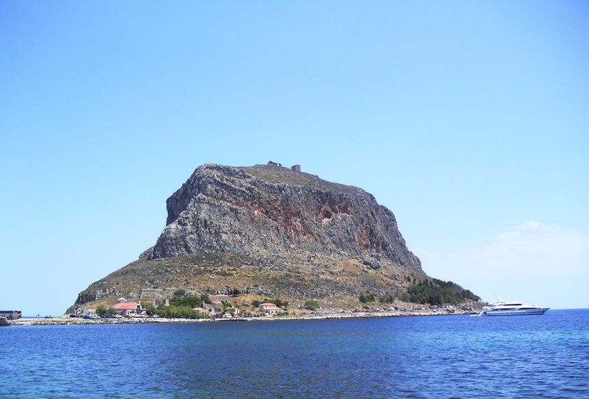 The rocky "iceberg" island of Monemvasia in the Peloponese, Greece. Image by Velvet.