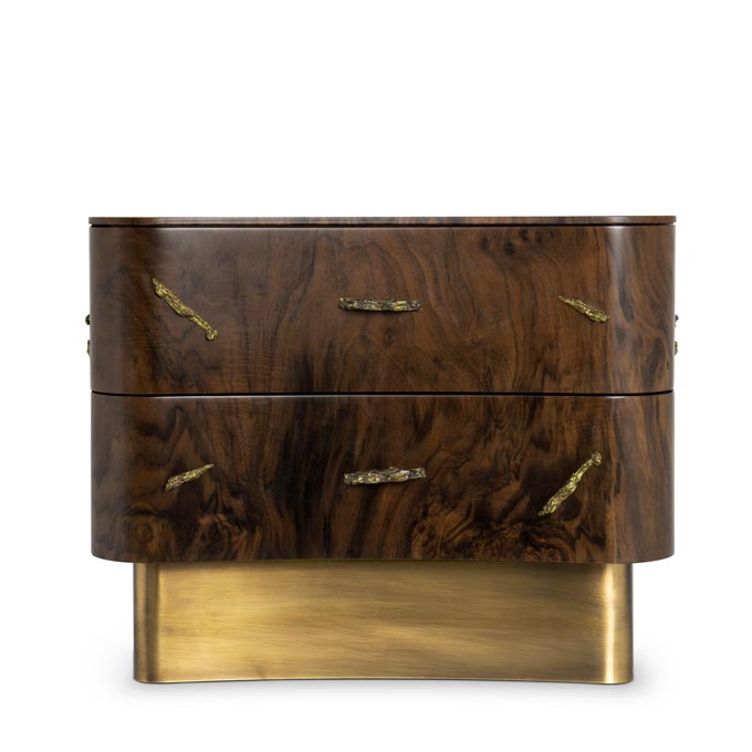 Baraka bedside. A stylish wooden nightstand with a luxurious feel to it because of its brassy details. Image: Brabbu Design Forces.