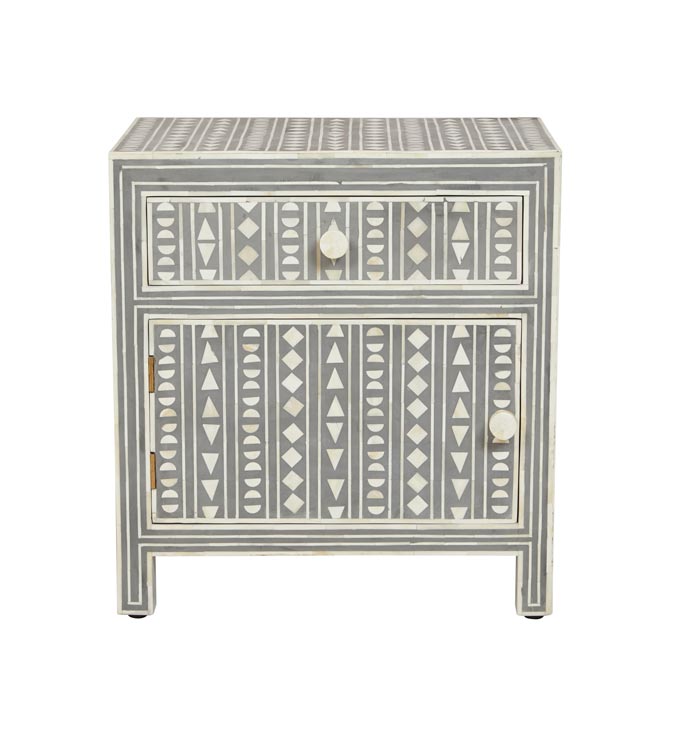 The perfect nightstand for a Bohemian styled bedroom with a bone inlay geometric pattern from Fenton & Fenton. Image: Fenton & Fenton.