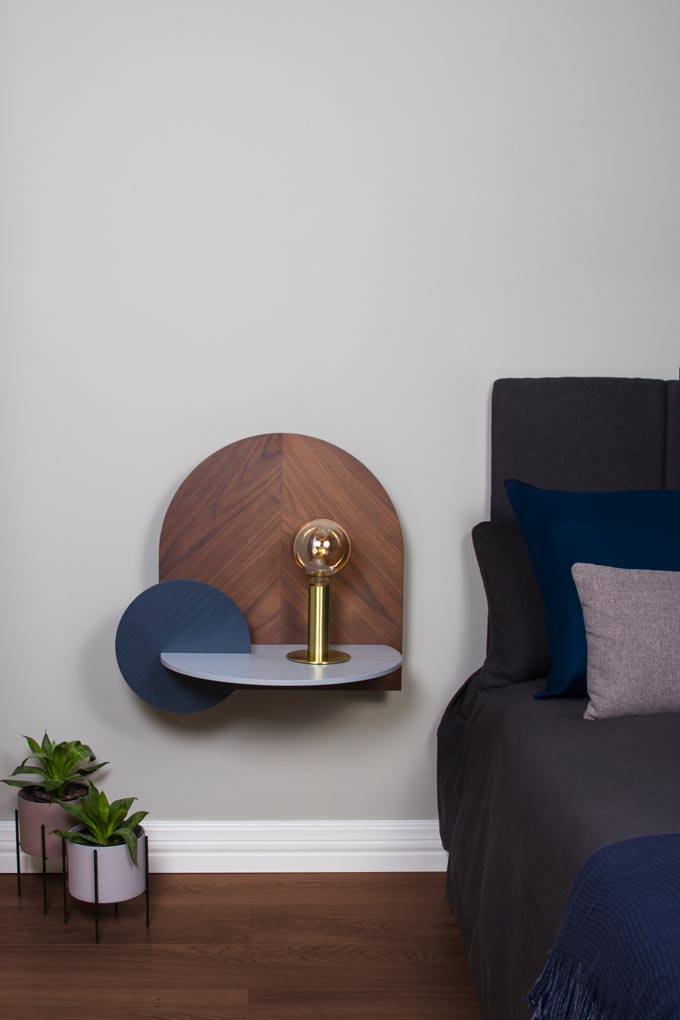 A modular storage, in walnut, bedside table. Image: Woodendot.