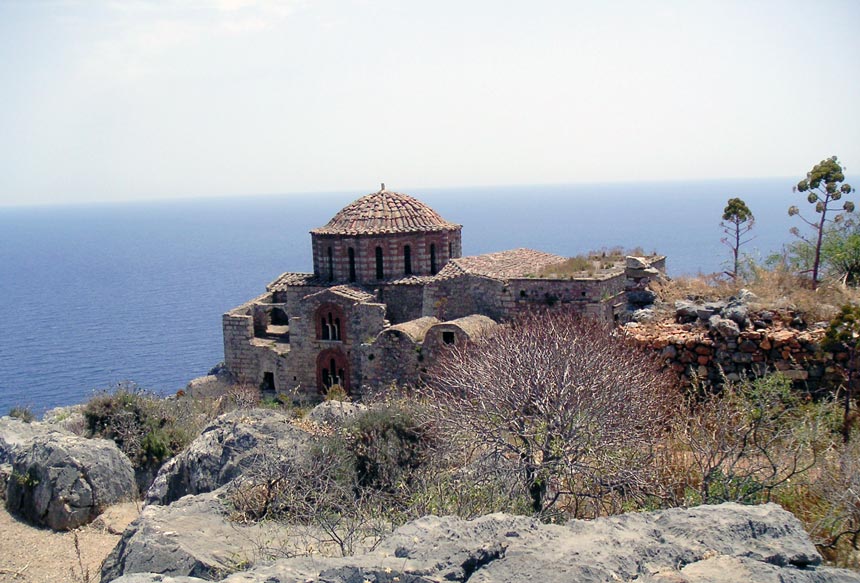 The Byzantine Church of Agia Sofia sitting atop a sheer cliff at Monemvasia. Image by Velvet.
