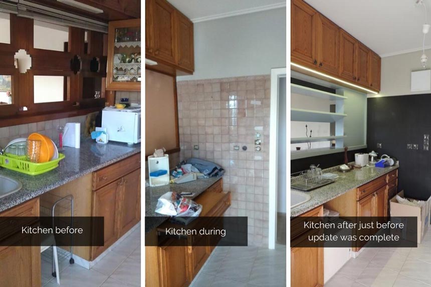 The three stages (before, during, after) of a galley kitchen update in a rental home as an example of decorating with intention.