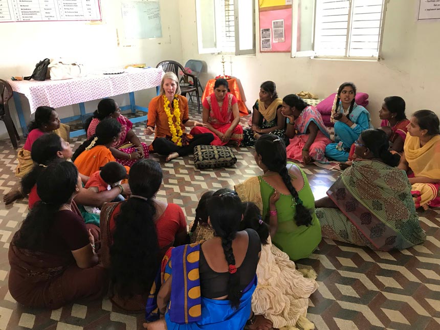 Fritha Vincent among Indian women during a Secret Pillow and Scarf training session. Image: Secret Projects.