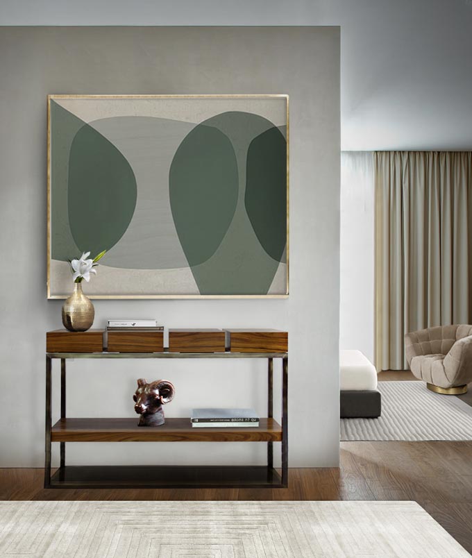 Entrance to stylish, serene bedroom with console table and large artwork hanging over it. Image: Brabbu Design Forces.