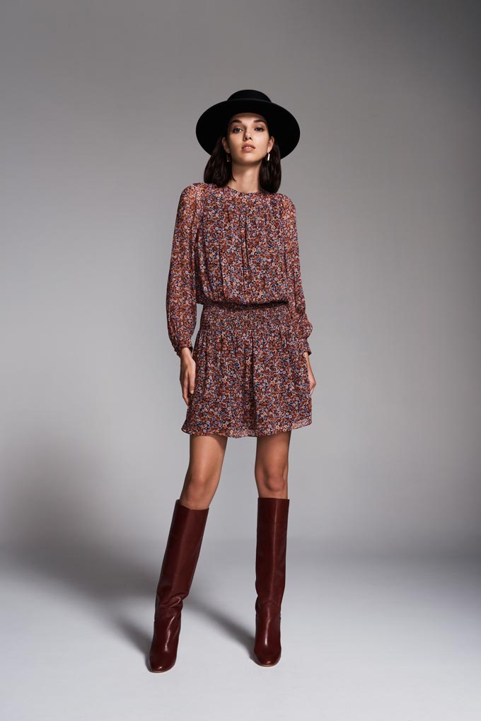 Transitional winter to spring outfit: A short flower print dress paired with a black hat and knee high leather boots. Image: SABA.