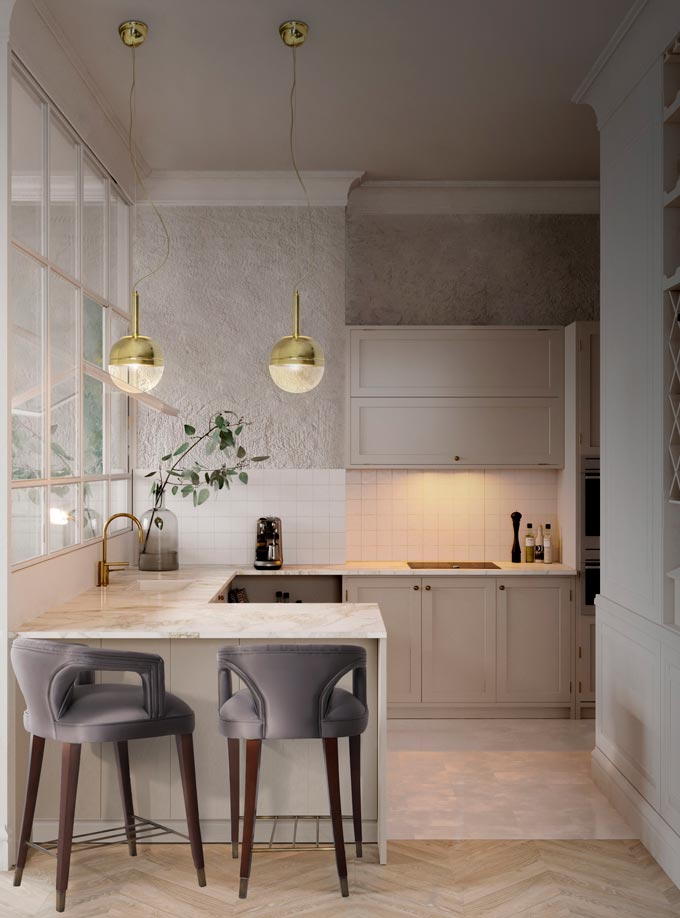 A contemporary off white kitchen with two bar chairs in grey velvet. Image: Brabbu Design Forces.
