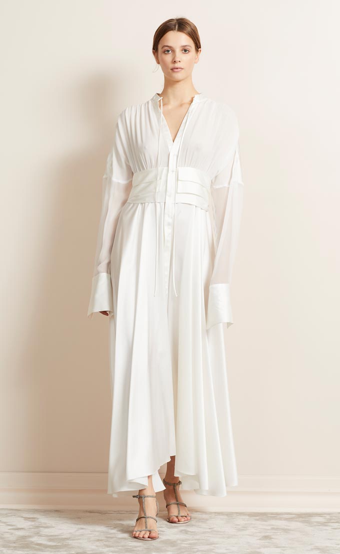 Transition from winter to spring outfits. A white silk maxi dress. Image: Brec & Bridge.