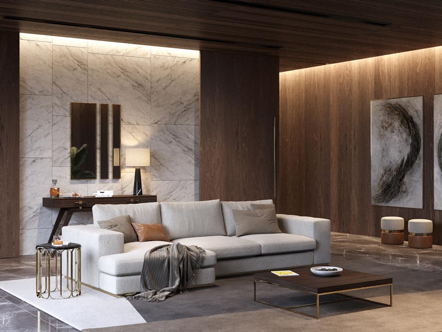 A gorgeous contemporary living room with wooden interior cladding on the walls and marble accents, ambient wall grazing as lighting and a comfy light grey sofa. Image: Laskasas.