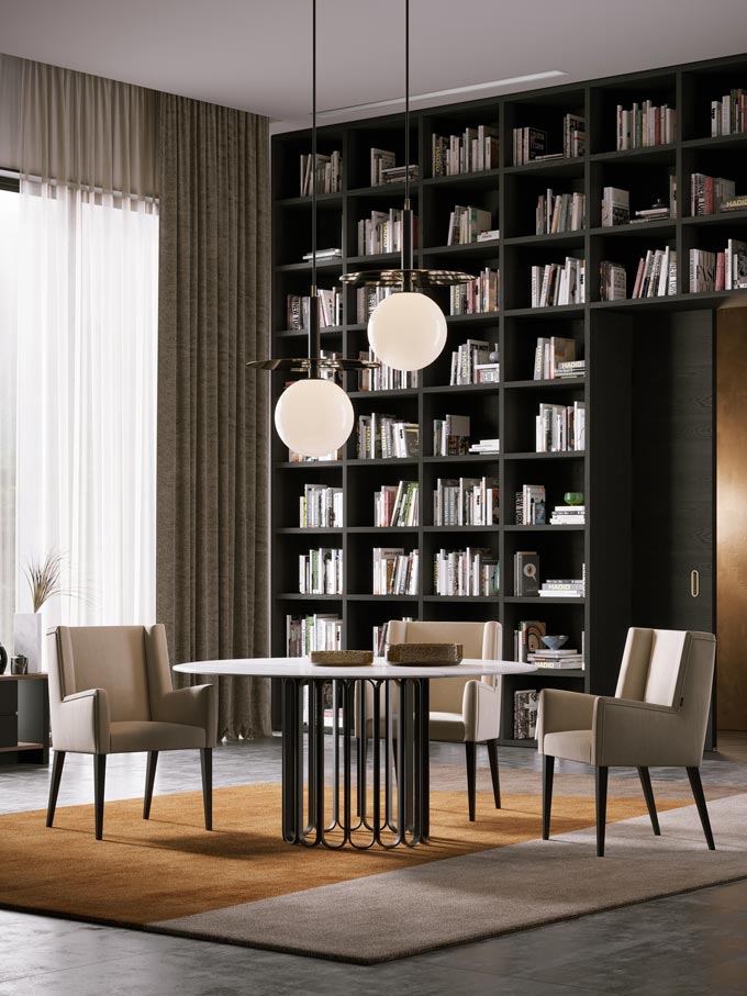 A beautiful sophisticated study room with a built in bookcase, a round dining table and chairs. Image: Laskasas.