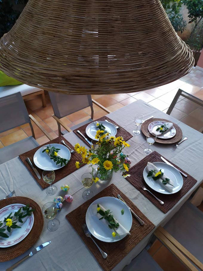 Bird eye view of an outdoor dining setup for Easter.