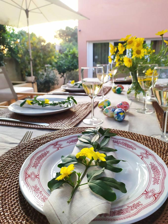 View of an outdoor dining Easter table.