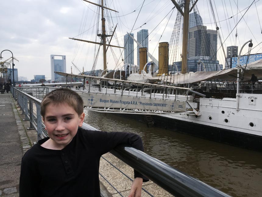 Michael at Porto Madera with A.R.A. Uruguay Museum Ship in the background. This is Argentina's oldest boat afloat. 