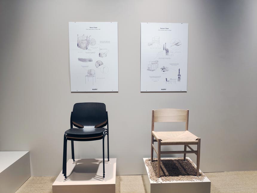 The Nova chair on the left and the Nestor chair on the right. both sustainable designs from mater.
