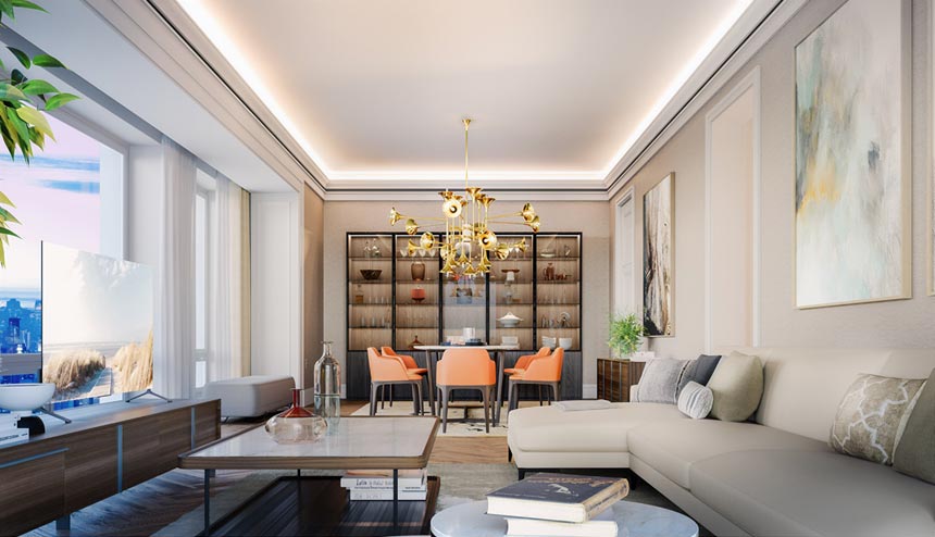 A super stylish living space with a dining space in the background and a statement chandelier from DelightFull. This project was done by AD Dal Pozzo and H&A Associati in NYC. Image: DelightFULL.