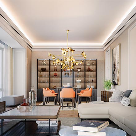 A super stylish living space with a dining space in the background and a statement chandelier from DelightFull. This project was done by AD Dal Pozzo and H&A Associati in NYC. Image: DelightFULL.