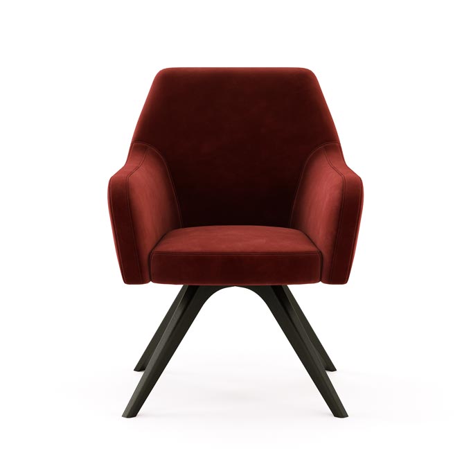 Alba by Domkapa. A Mid-Century inspired armchair in a deep burgundy fabric upholstery. Via Sweetpea and Willow.