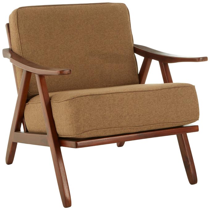 A Mid-Century inspired armchair upholstered in a brown fabric. Via Teak Flora.