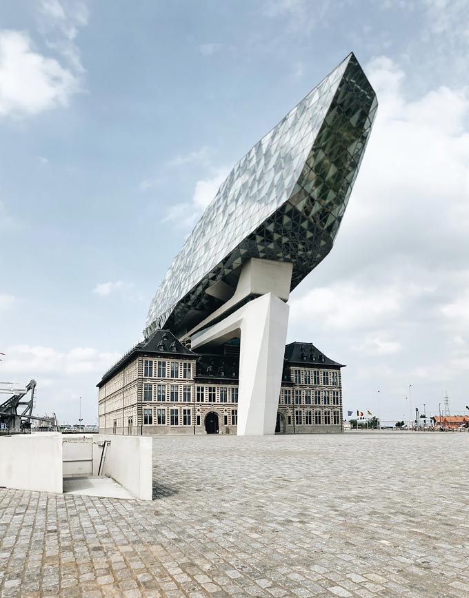 View of the Antwerp Port House designed by Zaha Hadid Architects in Belgium.
