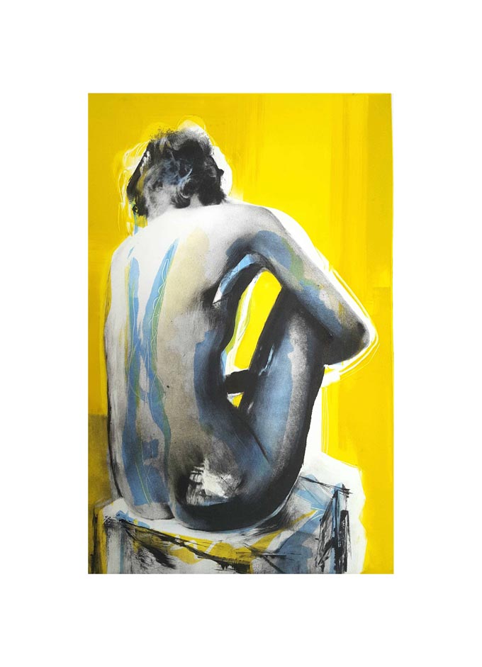 An art print of a nude woman sitting against a yellow background by Clare Grossman. Via Murus Art.