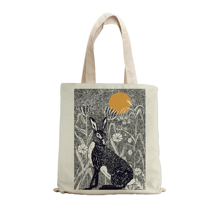 A cut out image of a shopper's tote bag with a print of a hare on it, made of a sustainable crop. Via Perkins Morley Ltd.