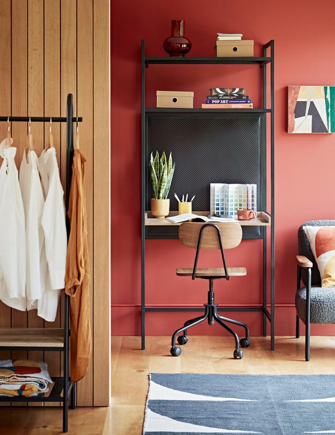 The Digital Happy interior design trend inspired home office. Bright yet desaturated enough hues, light tone wood tones, greenery and mindful decor. Via: Habitat.