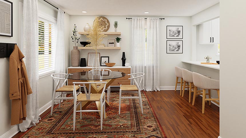 A small space contemporary dining space with a round dining glass top table.