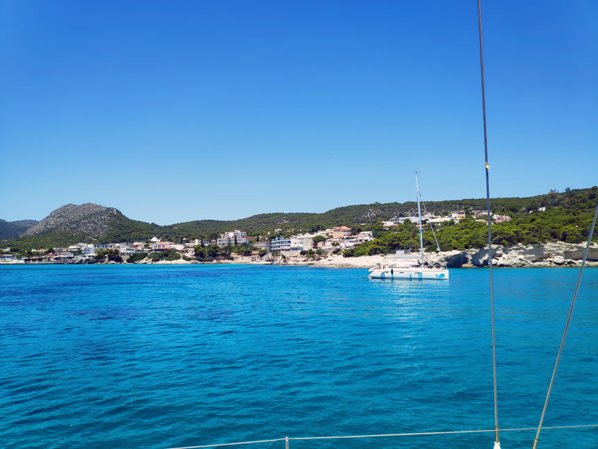 View of Aegina's coastline while on a sailing boat. Image by Velvet Karatzas.