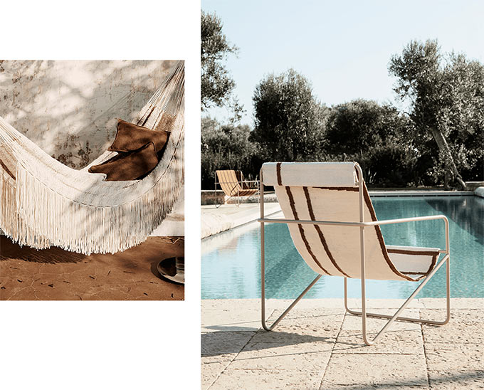 Two lifestyle images of a hammock on the left and the Desert chair by Ferm Living besides a pool on the right. Images: Ferm Living.