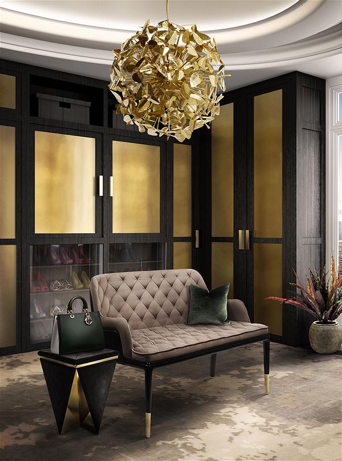 A luxurious walk in closet with a large hanging gold like chandelier. Image: Luxxu.