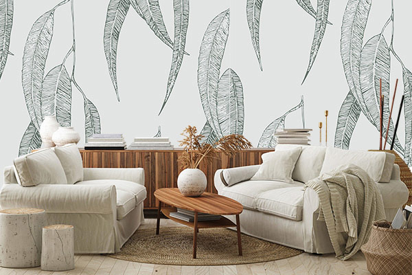Australian Flora inspired wallpaper as an accent wall in a contemporary stylish sitting room. Via Luxe Walls.