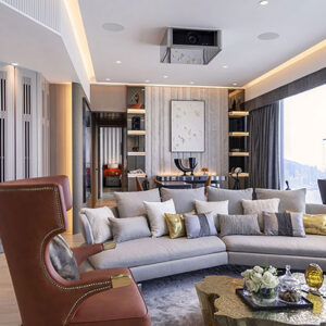A stylish high end living room of a flat in Hong Kong with a maximalist attitude. Via Brabbu Design Forces.