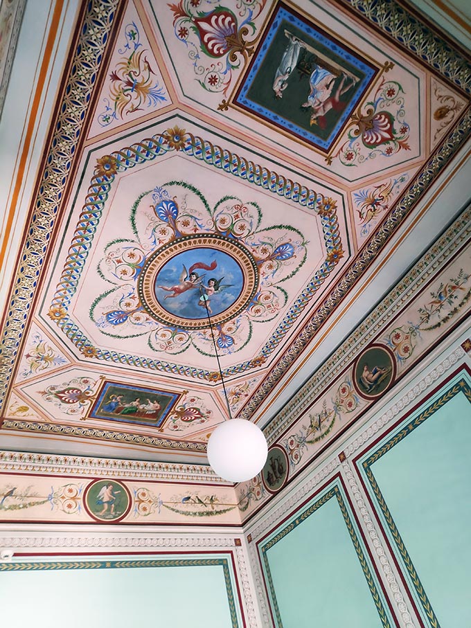 An elaborate ceiling mural from a private mansion in Hermoupolis Syros. Image: Velvet Karatzas.