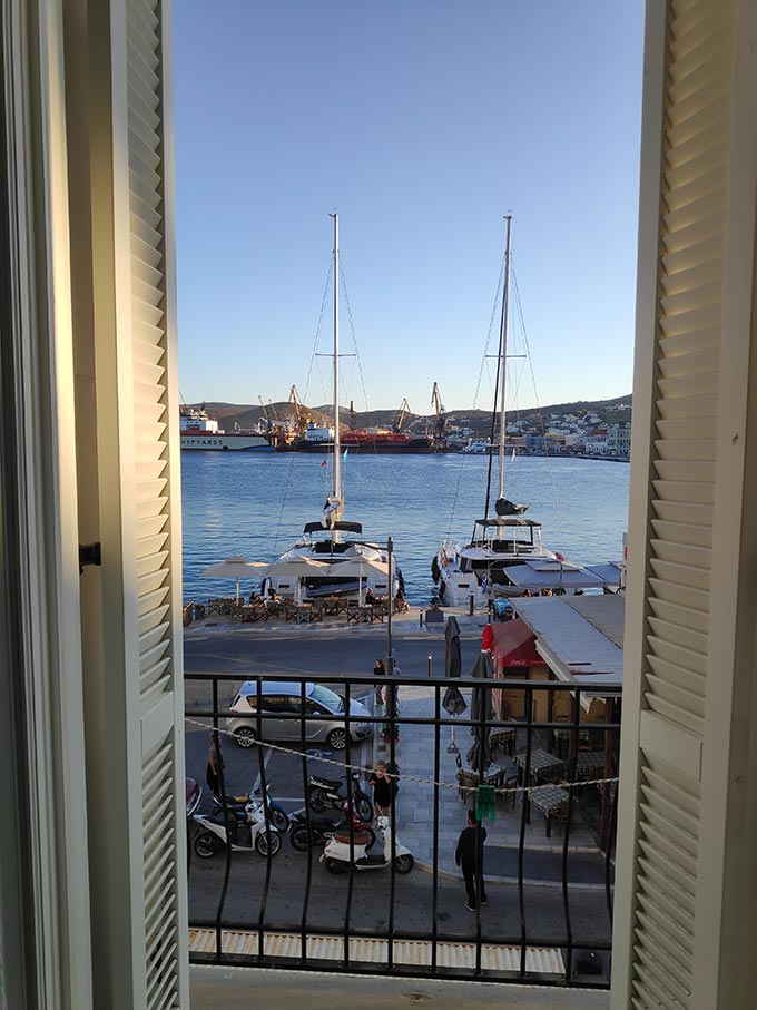 The sea view of the port from our hotel room in Hermes, Syros.