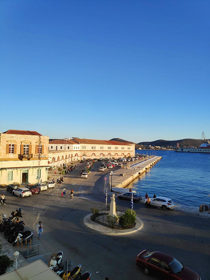 The sea view and Customs House as we looked out the balcony from our Hermes hotel room in Syros.