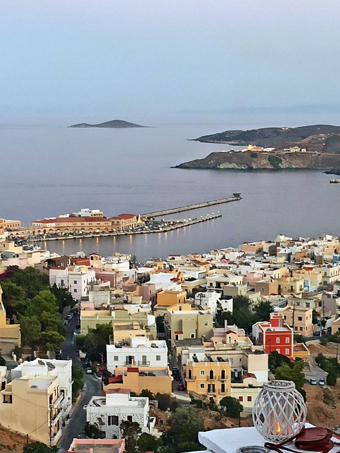 View of Hermoupolis from Ano Syros with part of the port visible.