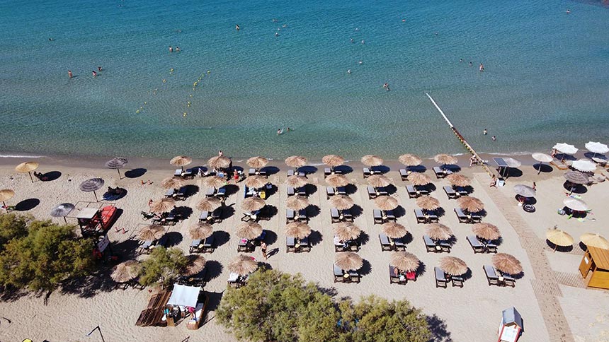 A drone pic of Agathopes beach in Syros. Image by author.