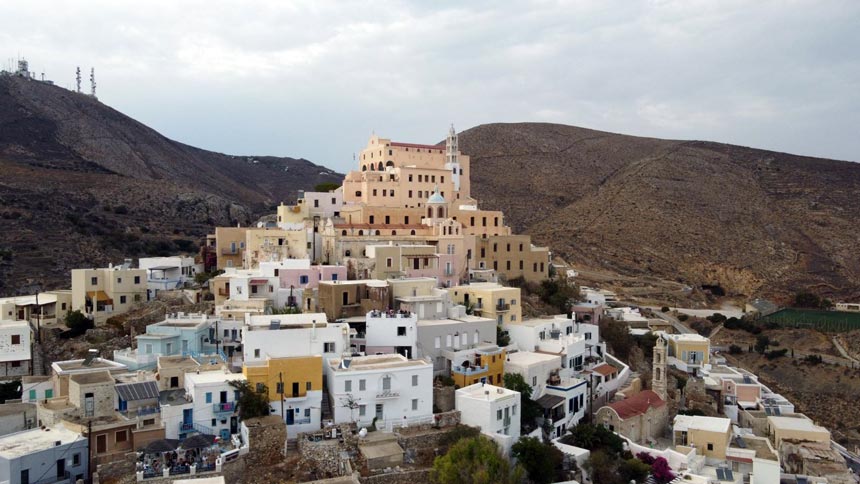 A drone pic of Ano Syros with the church of St. George. (Image by author).