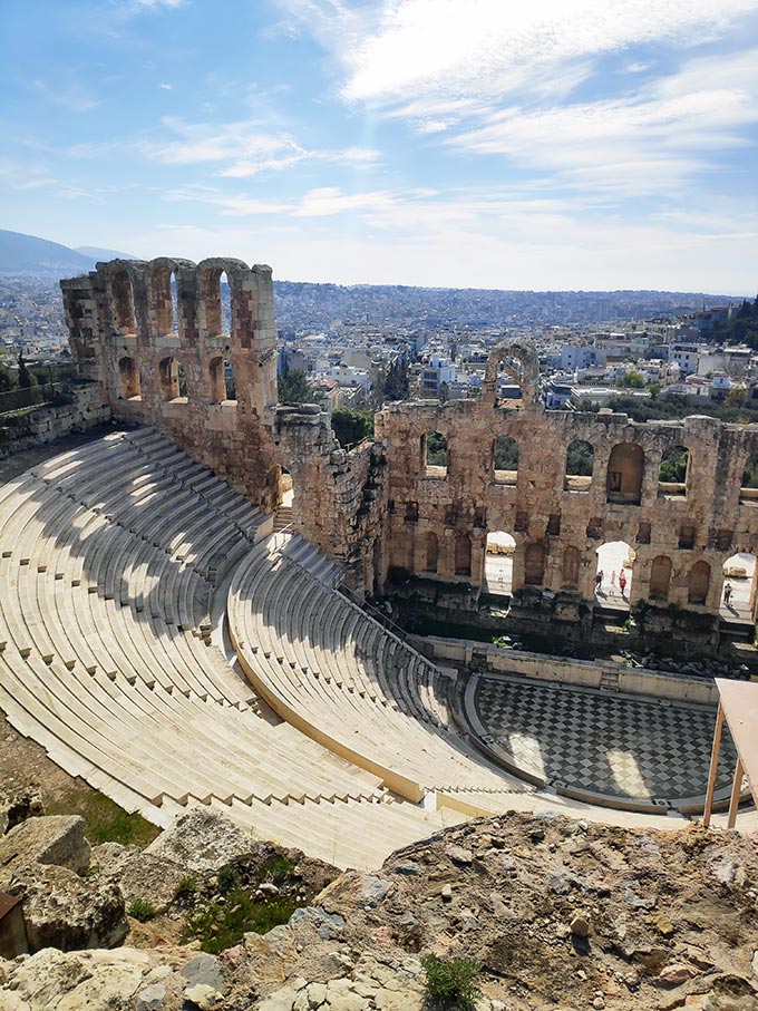 Looking down at the Odeon Herodus Atticus from the Parthenon, Athens.