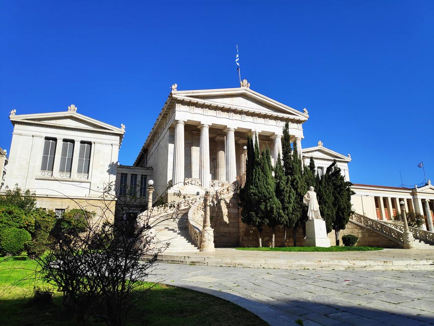 View of the neoclassical building of the National Library of Greece downtown Athens, a landmark that you can't miss.
