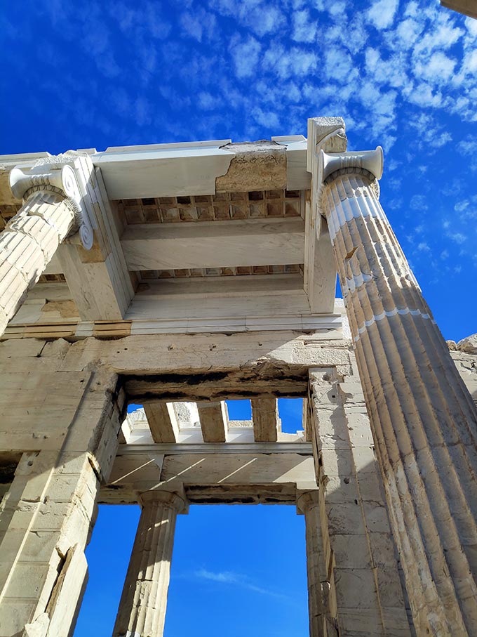 Looking up at the Propylae during a visit at Parthenon in Athens.