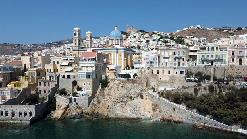 A drone image of the Vaporia district in Hermoupolis of Syros, Greece. Image by author.