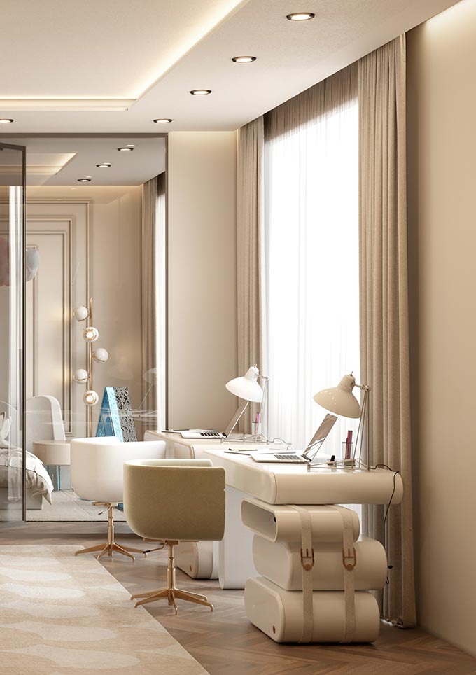 A neutral office area for two teens from the Penthouse Project by Circu. Via Circu.