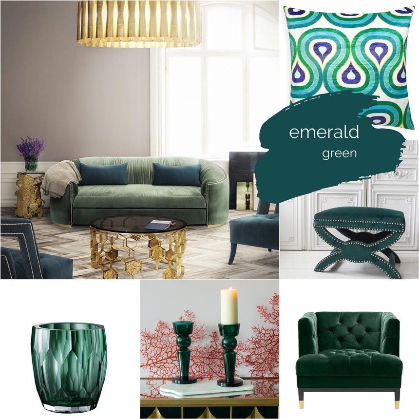 A moodboard featuring Emerald Green home decor. Images by: Covet House, Sweetpea & Willow, The French Bedroom Co., Sweetpea and Willow, Audenza, Sweetpea and Willow.