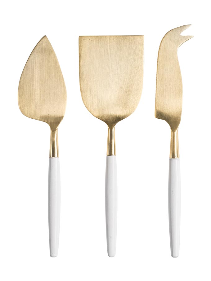 A stylish cheese set of white and gold knives. Image: Hudson Home.