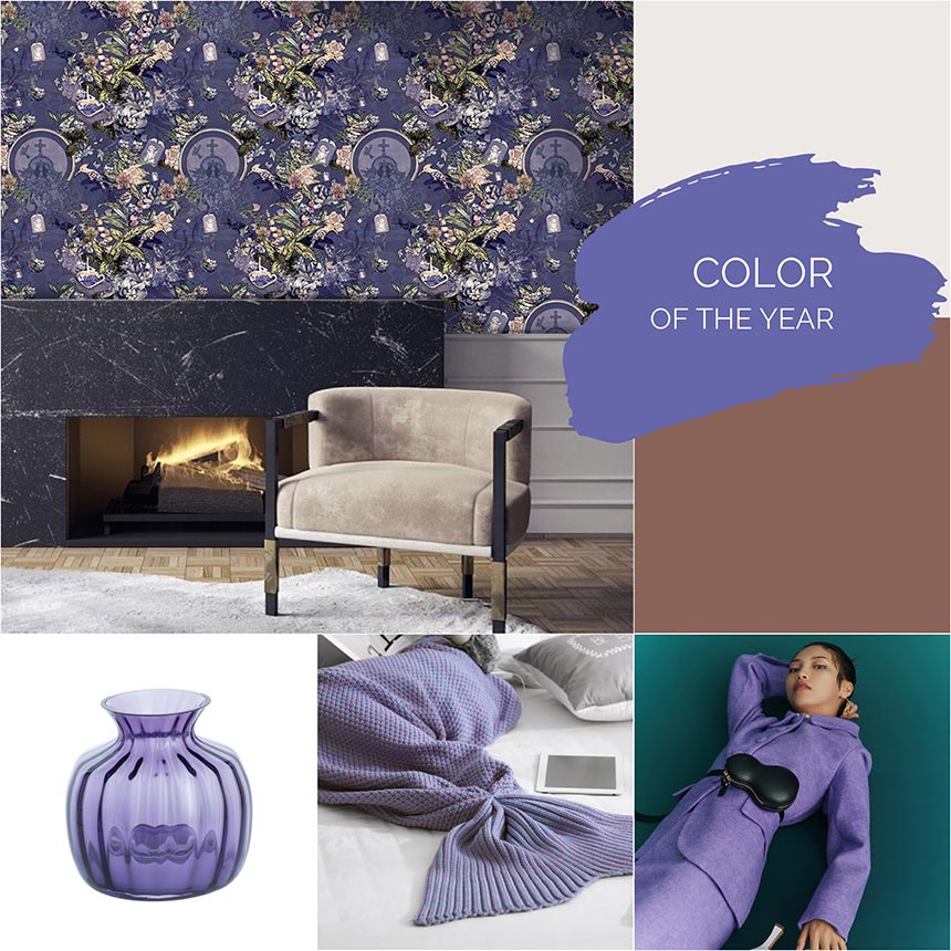 A moodboard featuring Pantone's Color of the Year 2022: Veri Peri. Images from: BOBO, Design Shenzhen, Gyrofish, Dartington Crystal.
