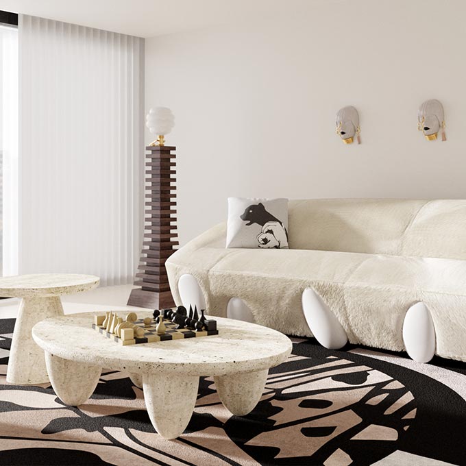 White interior design - a contemporary sitting room with a white sofa and the Lunarys coffee table.Image: HOMMÉS Studio.