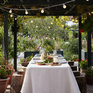 A beautiful garden setting for alfresco dining with a canopy and the Festoon lights making it merry and bright. Image: Lights4fun.co.uk.