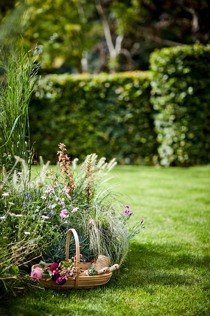A basket with cut flowers laid on the grass in a garden. Image: Dobbies Garden Center.