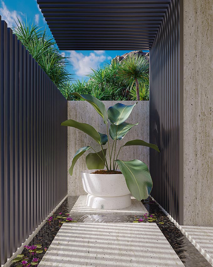 A stunning white stone round planter atop a floating marble slab in a contemporary outdoor space. Image: MyFace.